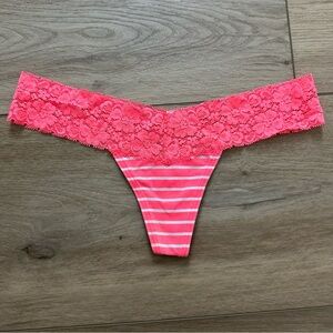 NWOT 2011 Victoria Secret Pink Neon Coral Stripe Lace Thong S